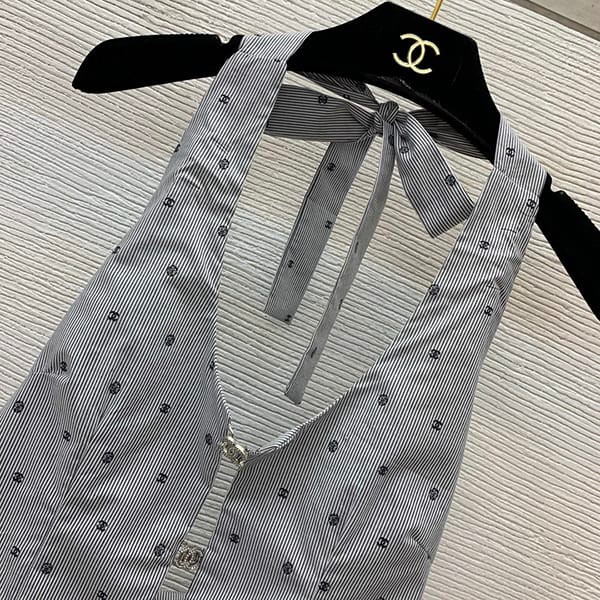 定番シャネル n級品 ドット ストライプ ホルターネック リボン ロゴ sha07975